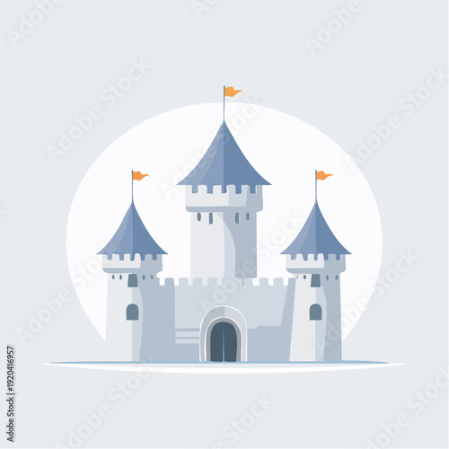 Enchanting cartoon castle with blue turrets and orange flags against a pale blue backdrop