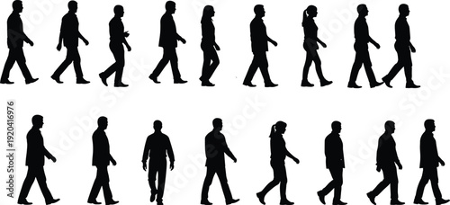 Large collection of black silhouettes of men and women walking in casual clothing isolated on a white background vector
