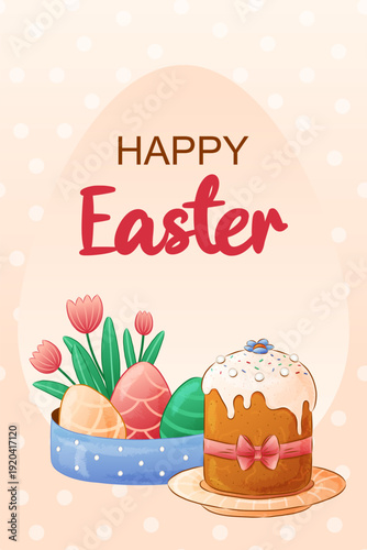 Happy Easter simple greeting card. Easter cake with sugar icing, colored eggs and tulips. Textured vector illustration. Watercolor effect.