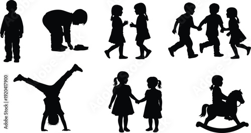 Collection of children silhouettes isolated on white background, kids playing, walking, holding hands and performing activities, black vector illustration set for childhood and family design