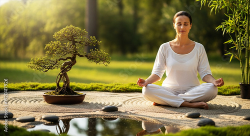 Woman Meditating in Japanese Zen Garden