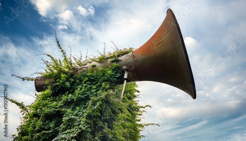 rusty megaphone overgrown with vines against a cloudy sky