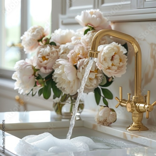 luxury peonies washed in a modern kitchen sink, elegant gold faucet, flowing water, realistic style