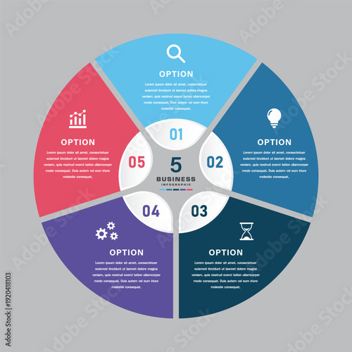 Circular Business Infographic Diagram with Five Segmented Options, Icons, and Central Hub for Corporate Strategy, Marketing, Education, and Presentation Templates
