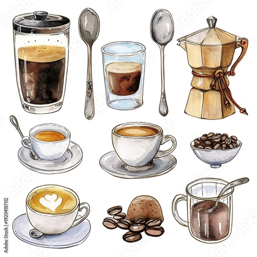 Watercolor collection of coffee drinks beans moka pot and cups with latte art