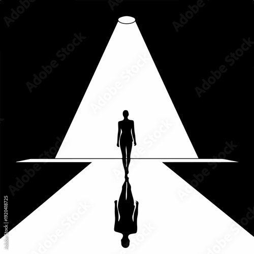 Dramatic Runway Perspective with Tall Model Silhouette Under Circular Spotlight, Long Shadow, Black and White Vector Illustration