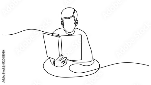 Continuous line drawing of a person reading. Smart boy sitting and reading book. Continuous one line drawing of Young boy reading book outline vector illustration. Editable stroke