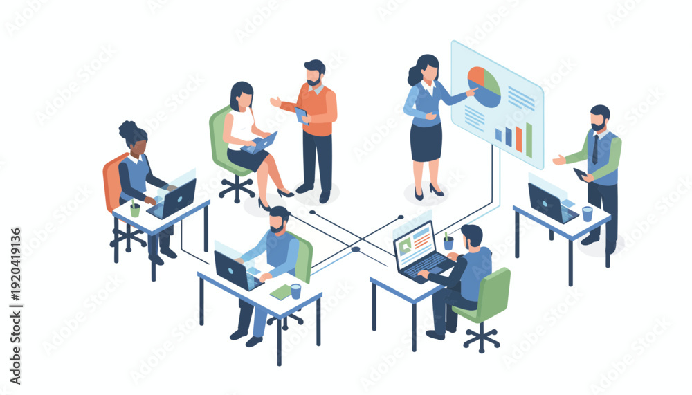 Fototapeta premium Teamwork and Collaboration Isometric Flat Vector Illustration on White Background. Clean isometric flat vector illustration of a business team working together, representing teamwork and collaboration
