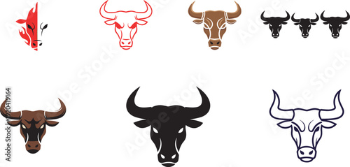 Professional bull mascot vector set with diverse logo styles, silhouettes, and outlines for competitive branding.