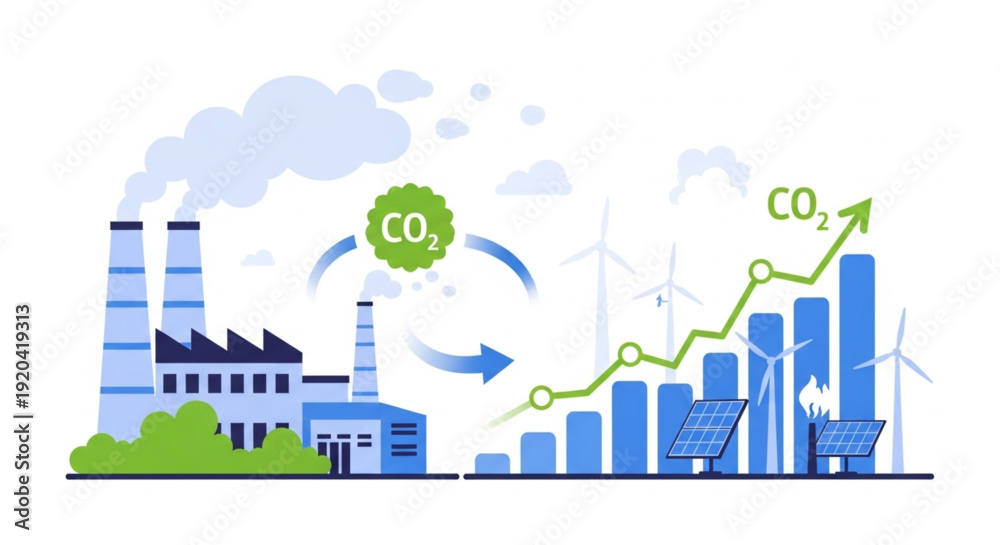 Fototapeta premium Industrial CO2 Reduction Strategy Illustration with Clean Technology, ESG Performance and Renewable Power Development