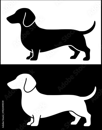 Dog icon, vector illustration of a dachshund, black and white in silhouette design, with original and negative versions