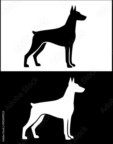 Dog icon, vector illustration of doberman, black and white in silhouette design, with original and negative versions