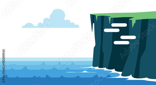 Stylized Cliffside Overlooking Ocean Vector Illustration with Lush Grassy Top and Calm Waves Overlooking Horizon
