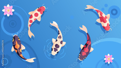 Colorful koi fish swim amongst swirling patterns and floral accents