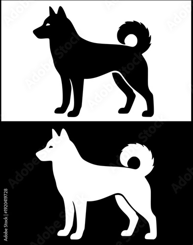 Dog icon, vector illustration of siberian husky, black and white in silhouette design, with original and negative versions