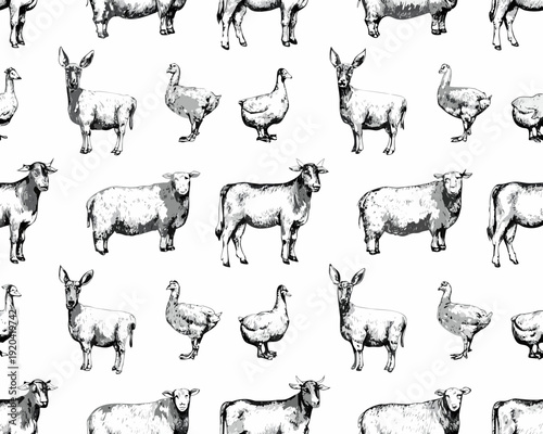 Vintage illustration of various farm animals in a repeating pattern