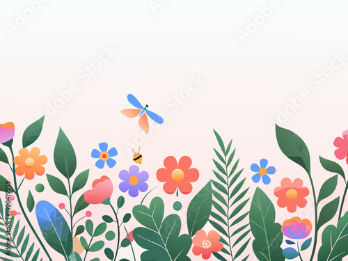 Floral illustration with a dragonfly and bee amongst colorful blooms