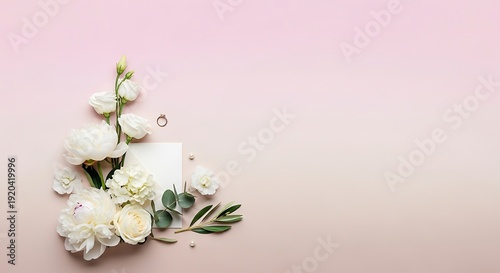 Soft beige gradient background with elegant white flowers in focus for organic beauty products and romantic wedding stationery designs