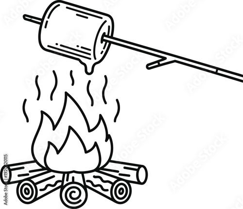 A simple line drawing of a campfire with a pot being heated.