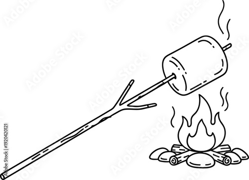 A simple line drawing of a marshmallow being roasted over a campfire on a stick.