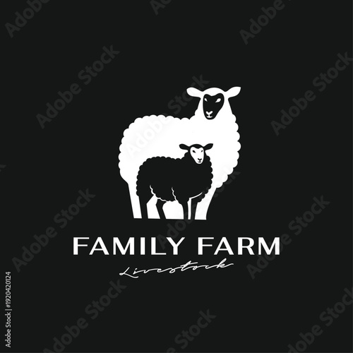 Minimalist Family Farm Logo with Mother Sheep and Lamb Silhouette on Black Background