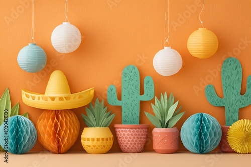 Colorful paper craft cacti in pots with festive garland banner on vibrant orange background
