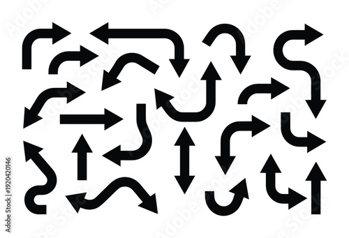 Variety of black vector arrows pointing in different directions