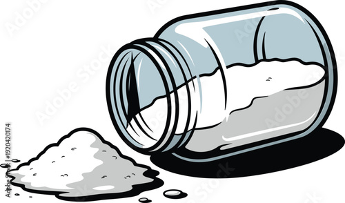 Cartoon Glass Jar with Spilled White Powder Isolated on Transparent Background Ingredient Illustration Concept