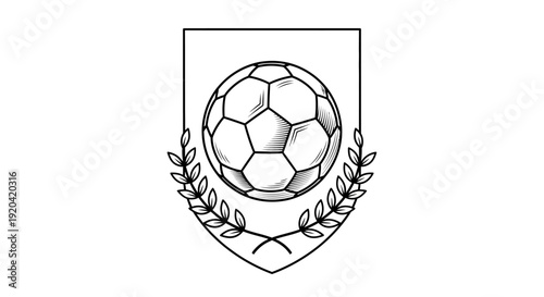 Outline Futsal Soccer Ball and Laurel Wreath in Shield Isolated White Background