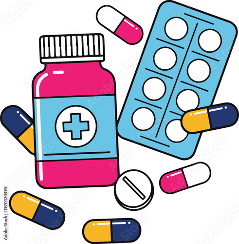 Medical Medicine Bottle With Pills And Blister Pack Vector Illustration For Healthcare