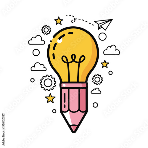 Creative Idea Concept Illustration With Light Bulb Pencil Symbol And Business Innovation Elements

