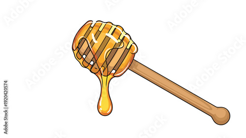 Wooden honey dipper with a large golden honey drop dripping from it representing natural sweetness and healthy organic food products.