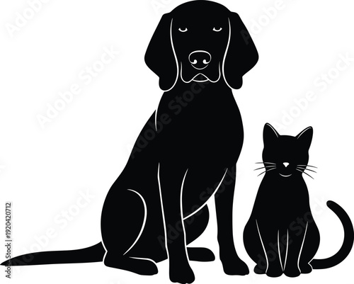 Black silhouette of a dog and cat sitting together side by side as a symbol of friendship isolated on white