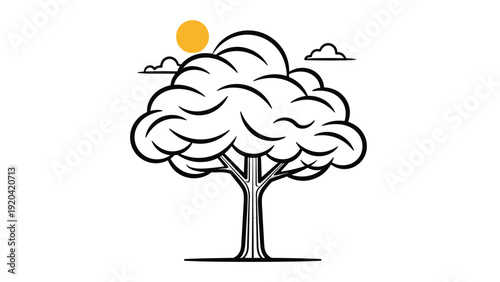 Large leafy tree standing tall under a yellow sun with fluffy clouds for nature and environmental conservation themes.