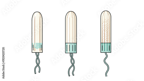 Three tampons in a row demonstrating various absorbency levels for feminine hygiene and menstrual health education.