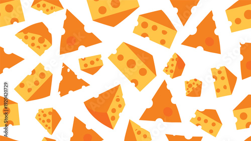Seamless pattern featuring various wedges of yellow cheese for kitchen textiles and food packaging background designs.