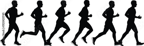 Black silhouette of a male athlete running in a sequence showing different stages of a sprint isolated on white background