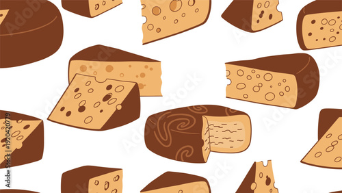 Seamless pattern of different types of cheese including smoked and aged varieties for food service industry backgrounds.