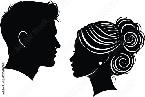 Black silhouette of a man and woman head profile facing each other with elegant hairstyles isolated on white background vector