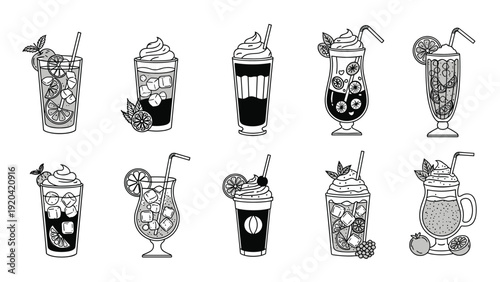 Collection of black and white icons featuring various cocktails and beverages with garnishes for bar and cafe menus.