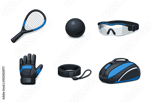 Collection of sports equipment for racket sports and training