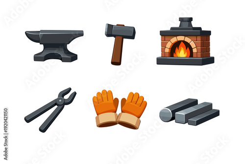 Blacksmith tools and materials for metalworking in a workshop setting