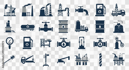 Industrial icons set including oil rigs factories trucks and machinery on transparent background for business and industry concepts