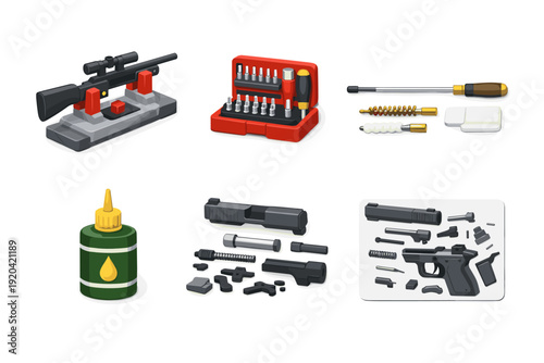 Collection of gun cleaning and maintenance tools and parts