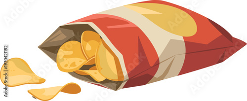 Potato Chips Spilling from Bag Isolated on Transparent Background Crunchy Snack Concept
