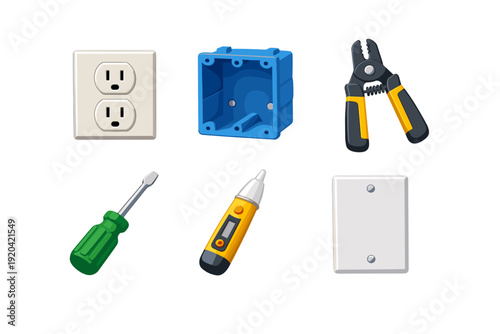 Electrical outlets and tools set with junction box, screwdriver, wire stripper, tester and faceplate