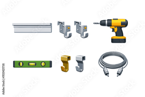 Collection of home improvement and DIY tools for hanging pictures and shelves