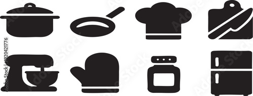 Collection of black and white kitchen and cooking related icons