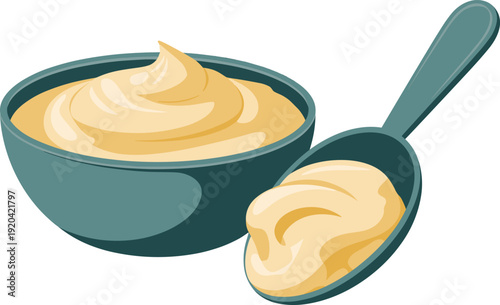 Creamy Mayonnaise in Bowl with Spoon Isolated on Transparent Background Condiment Concept