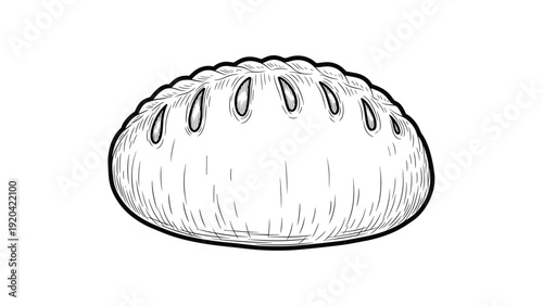 Round loaf of bread line art illustration showcasing traditional crust and scoring for bakery products and artisanal food branding designs.